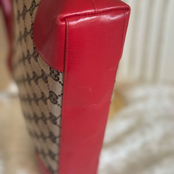 Gucci GG Canvas Red Leather Trimmed Shoulder Bag/ Tote - Picture 6 of 10